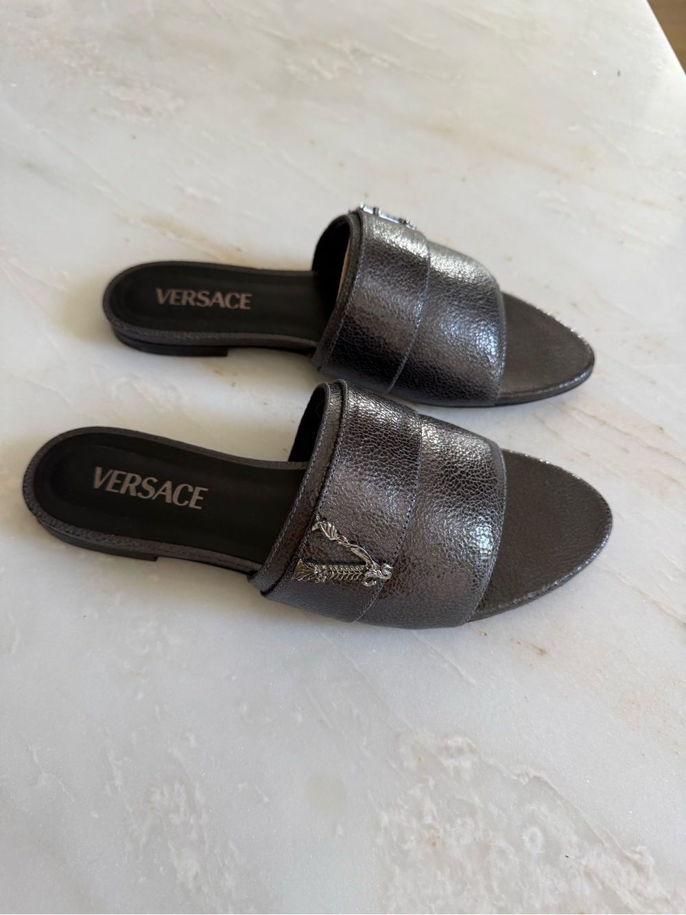 Versace Metallic Gunmetal Slide Mules